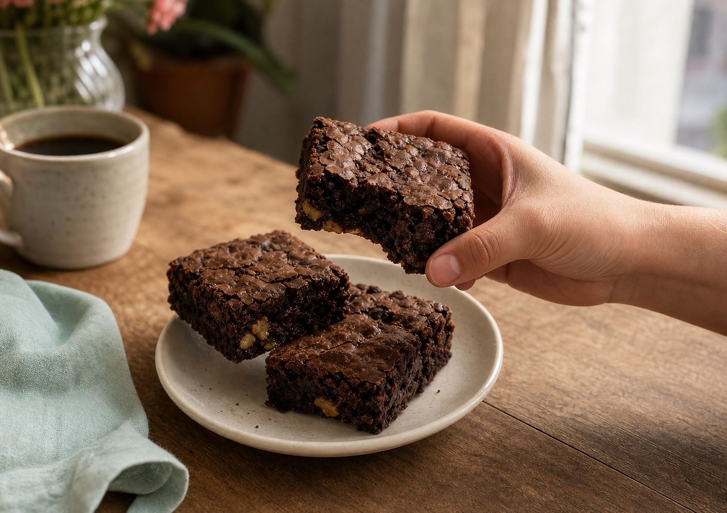 Brownie artesanal servido com uma xícara de café